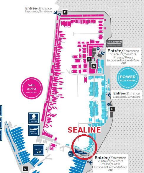 Plan du salon au Port Canto, l'emplacement du stand Sealine entouré en rouge près de l'entrée visiteurs